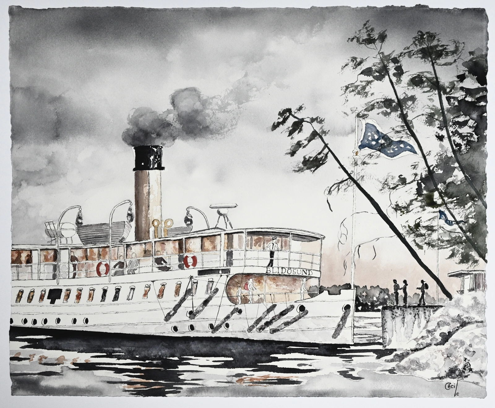 Akvarell Brokholmen nästa, Blidösund, av Cécile Hansson