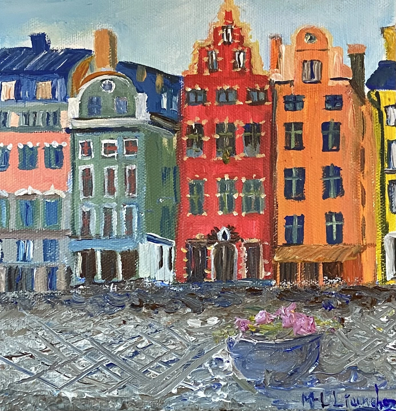 Akrylmålning Stortorget i Gamla Stsn av Marie-Louise Ljungberg