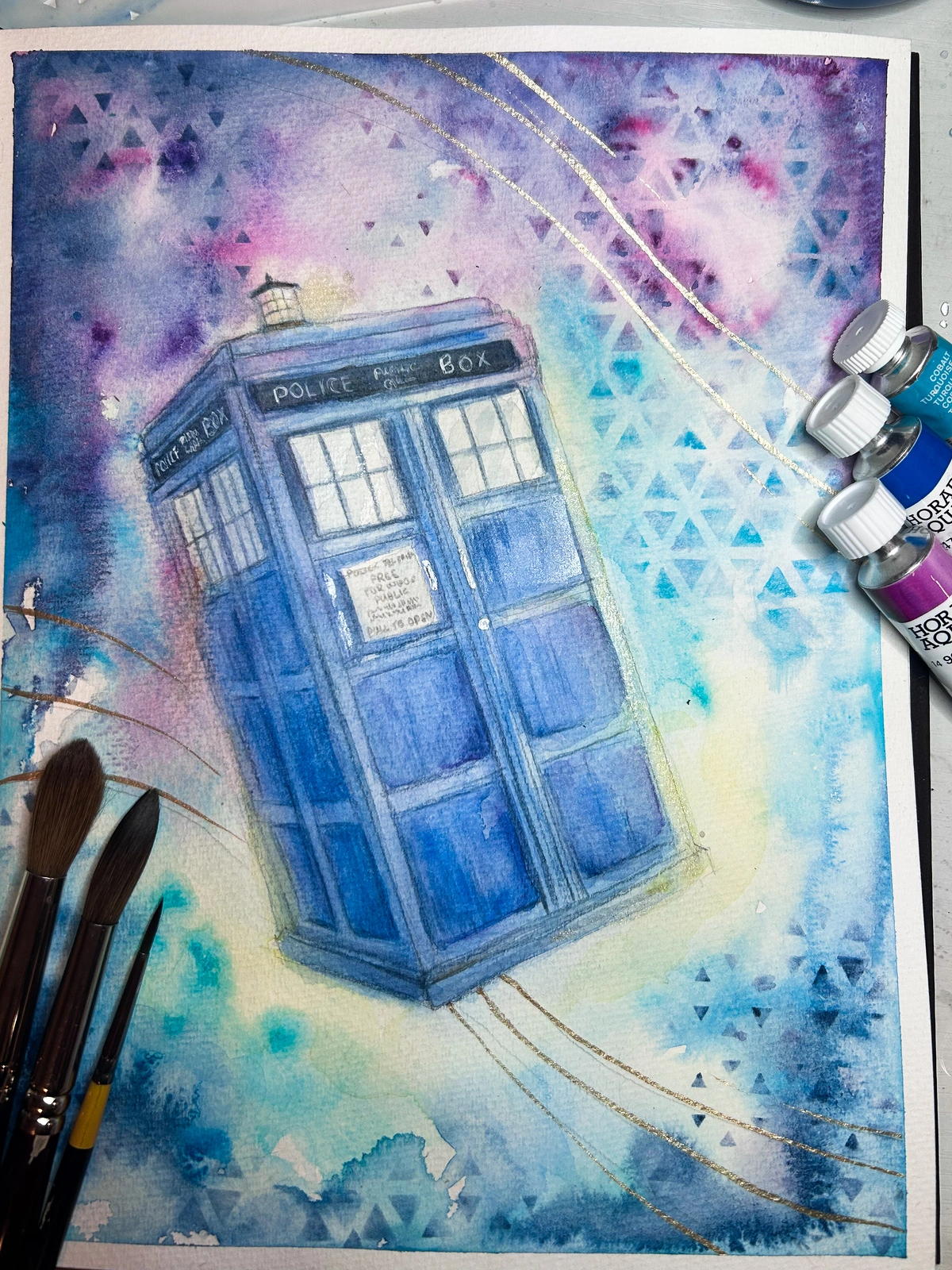 Akvarell Tardis av Erika Lindgren