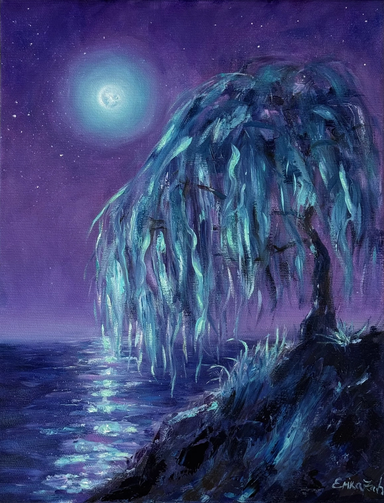 Oljemålning Willow in turquoise glow av Erika Zahharova