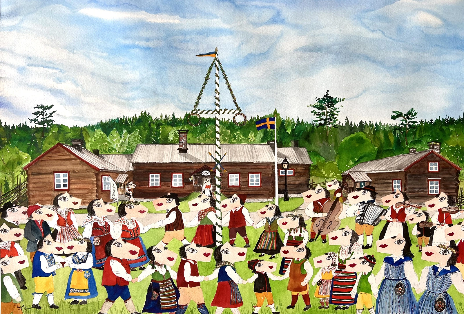 Akvarell Midsommar på Olnispagården av Catarina Hjort Tolstoy