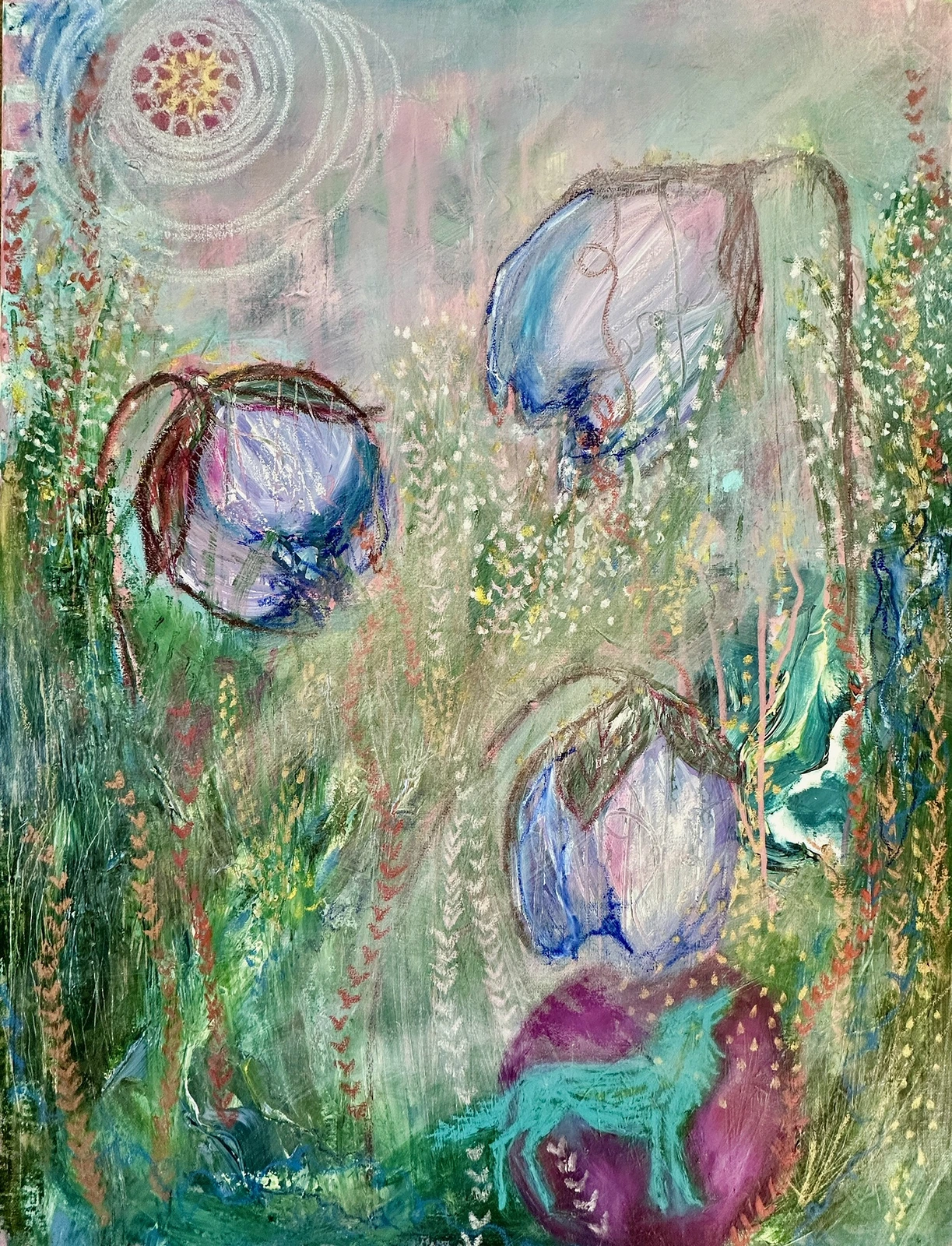 Akrylmålning Blue anemones and the wolf av Nina Johansson - Freeride Painter Johansson