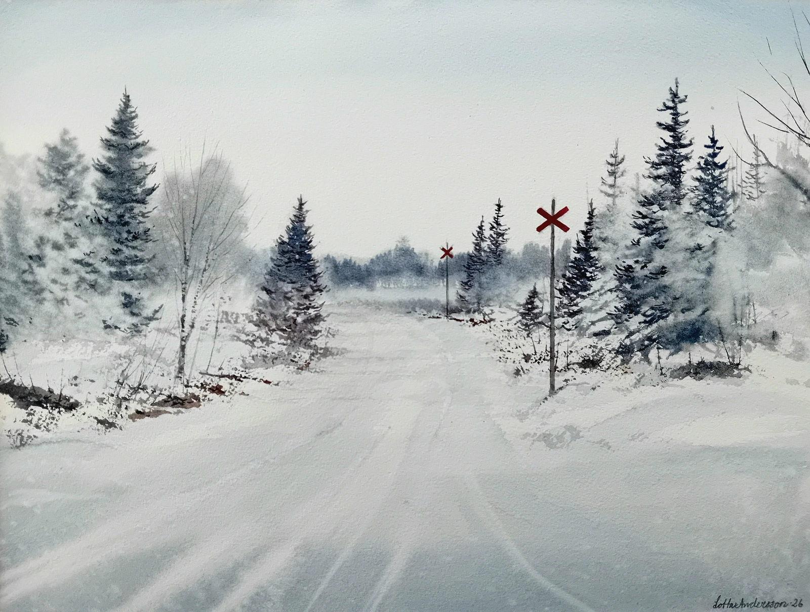 Akvarell Vinter längs gamla järnvägen av Lotta Andersson