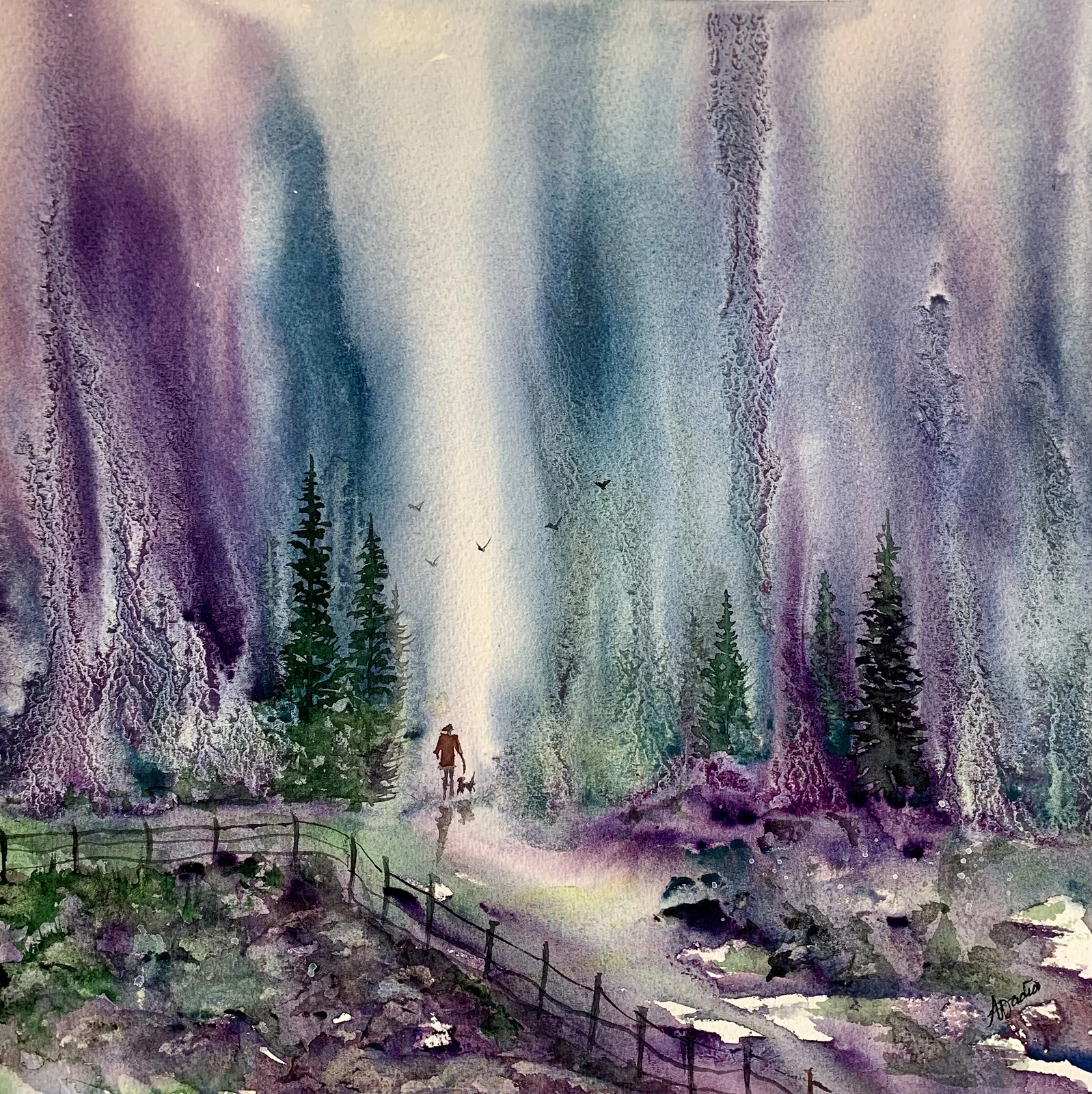 Akvarell Walking the dog in the rain. av Annelie Wadin