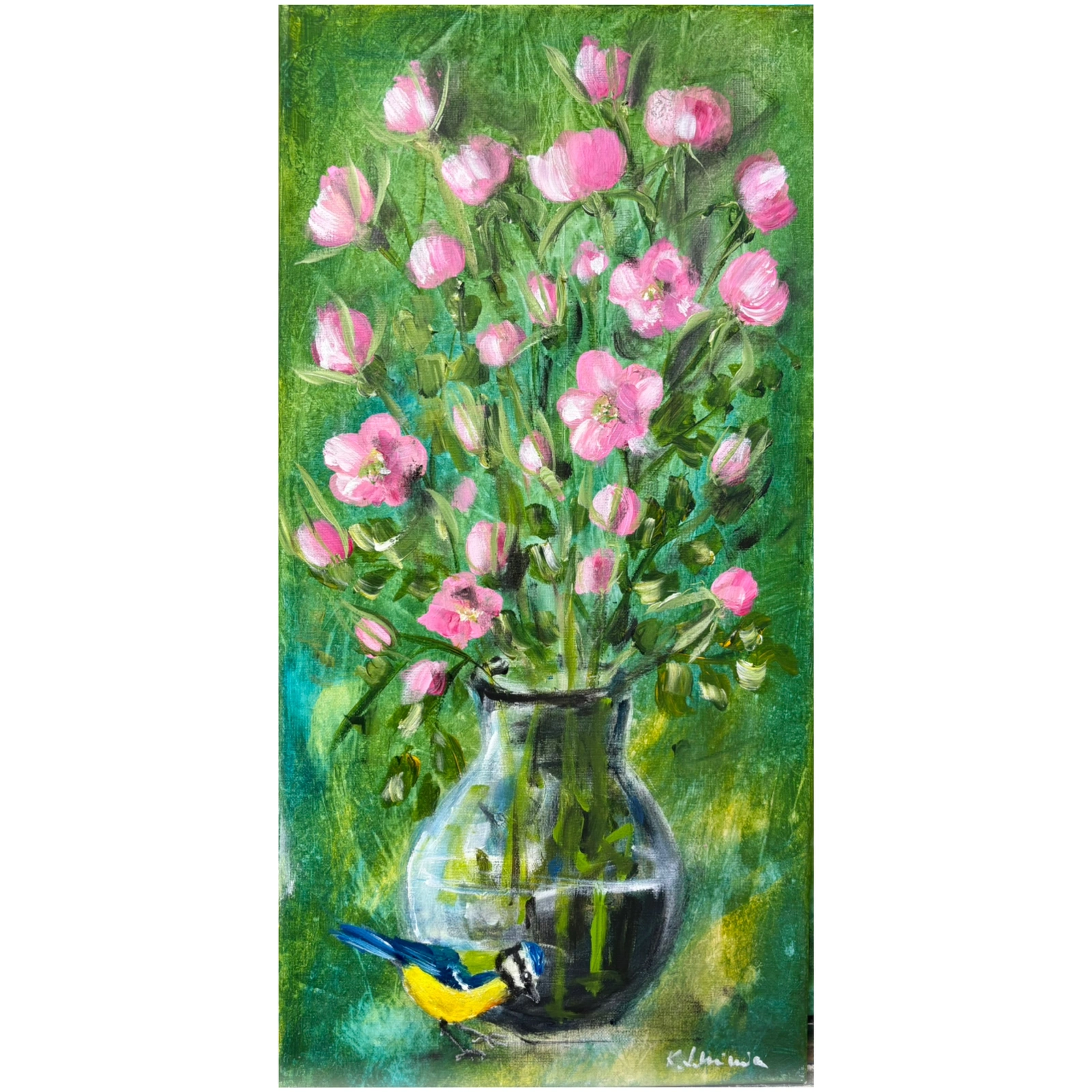 Akrylmålning Hej lilla blåmes, rosa rosor av Karolina Lohiniva