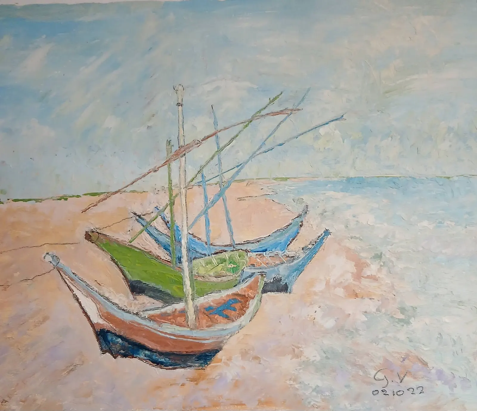 Oljemålning Båtar vid strand av Georgios Voutsas