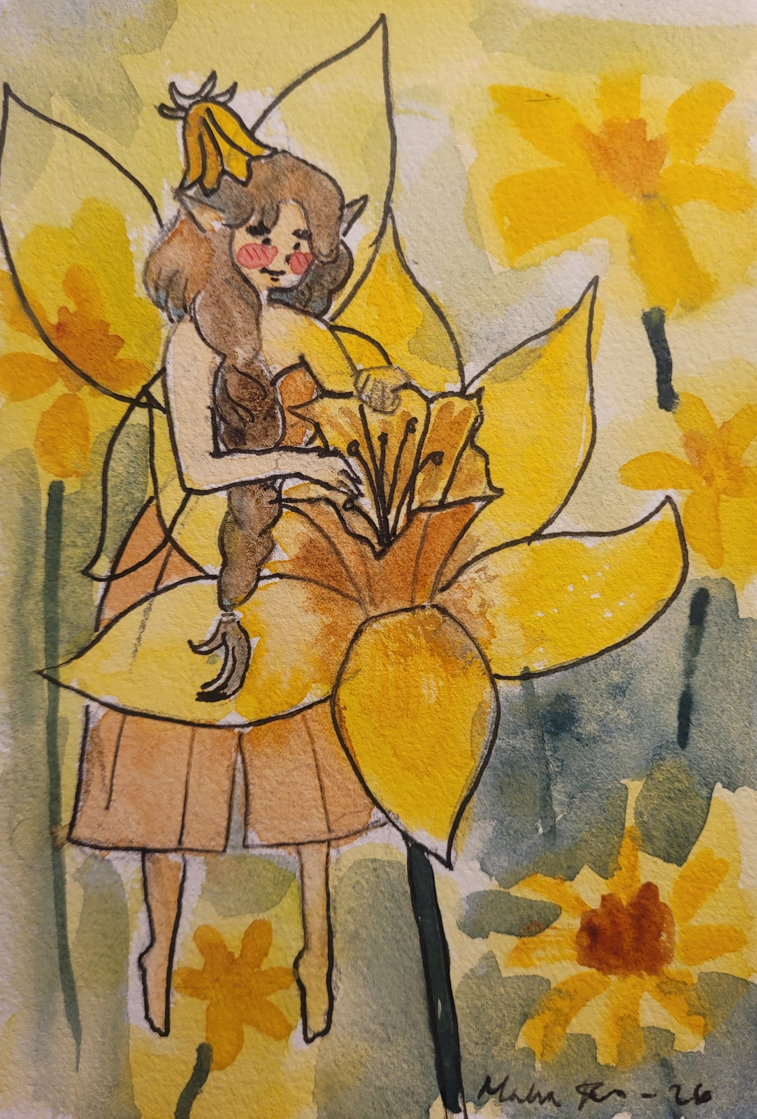 Akvarell A fairy daffodil av Malva Forslin