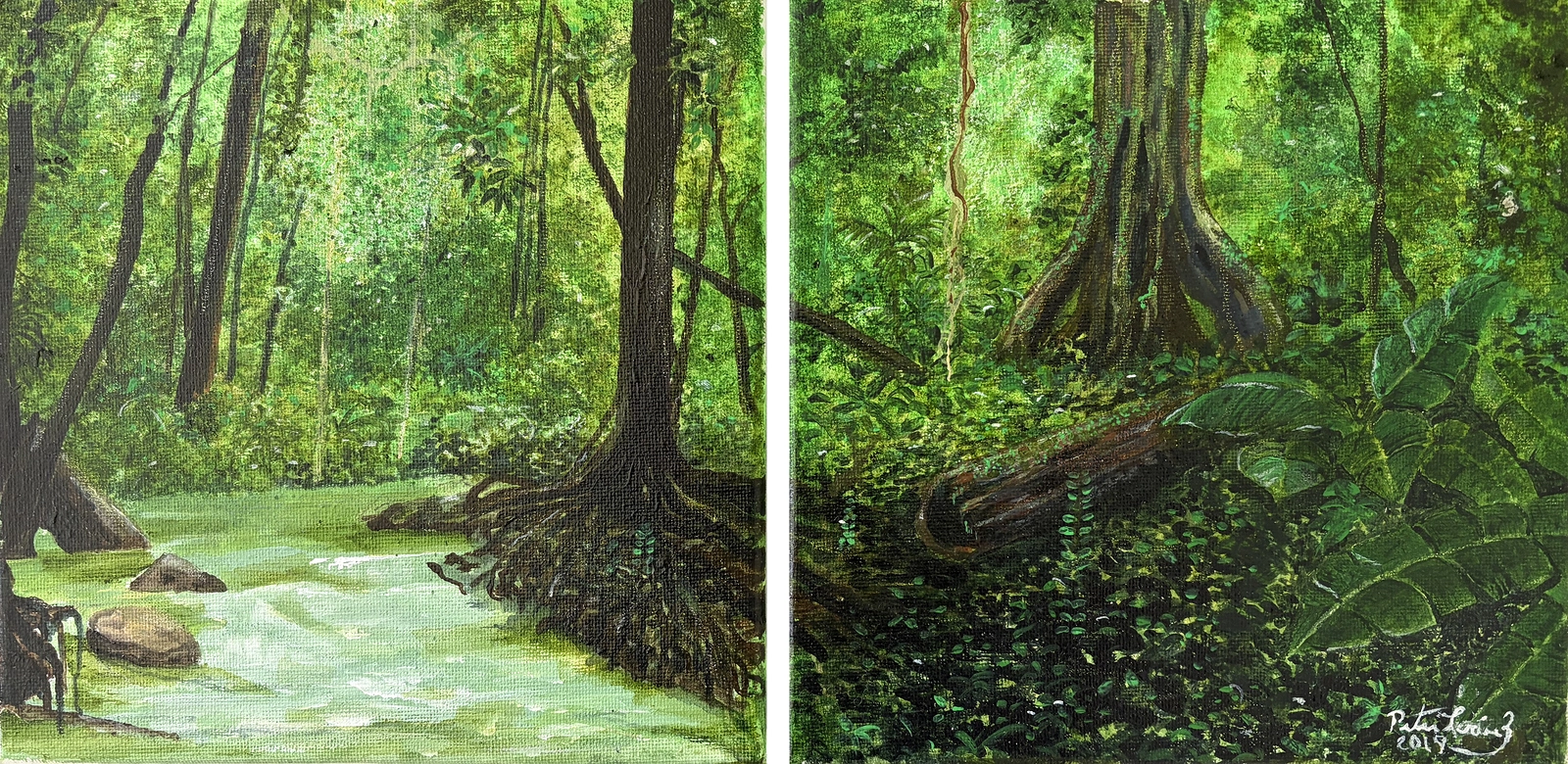 Akrylmålning Rainforest Two views av Peter Suárez