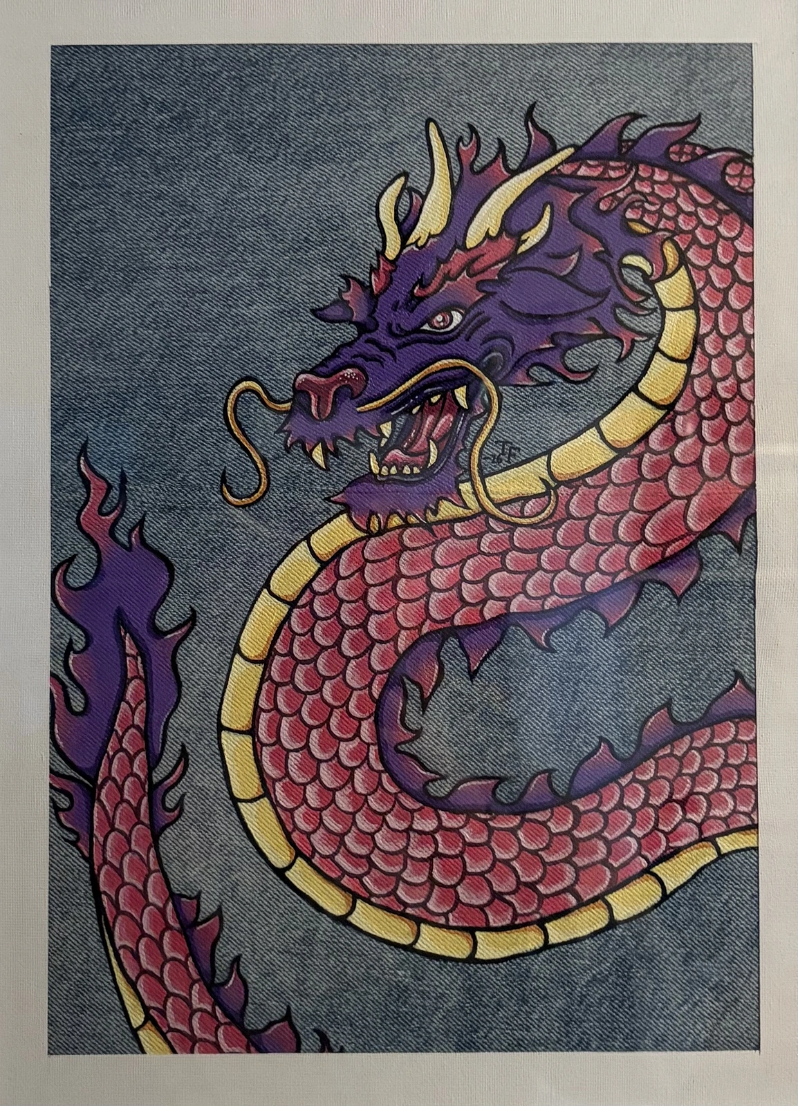 Akrylmålning Dragon on denim av Tilde Fjällstål