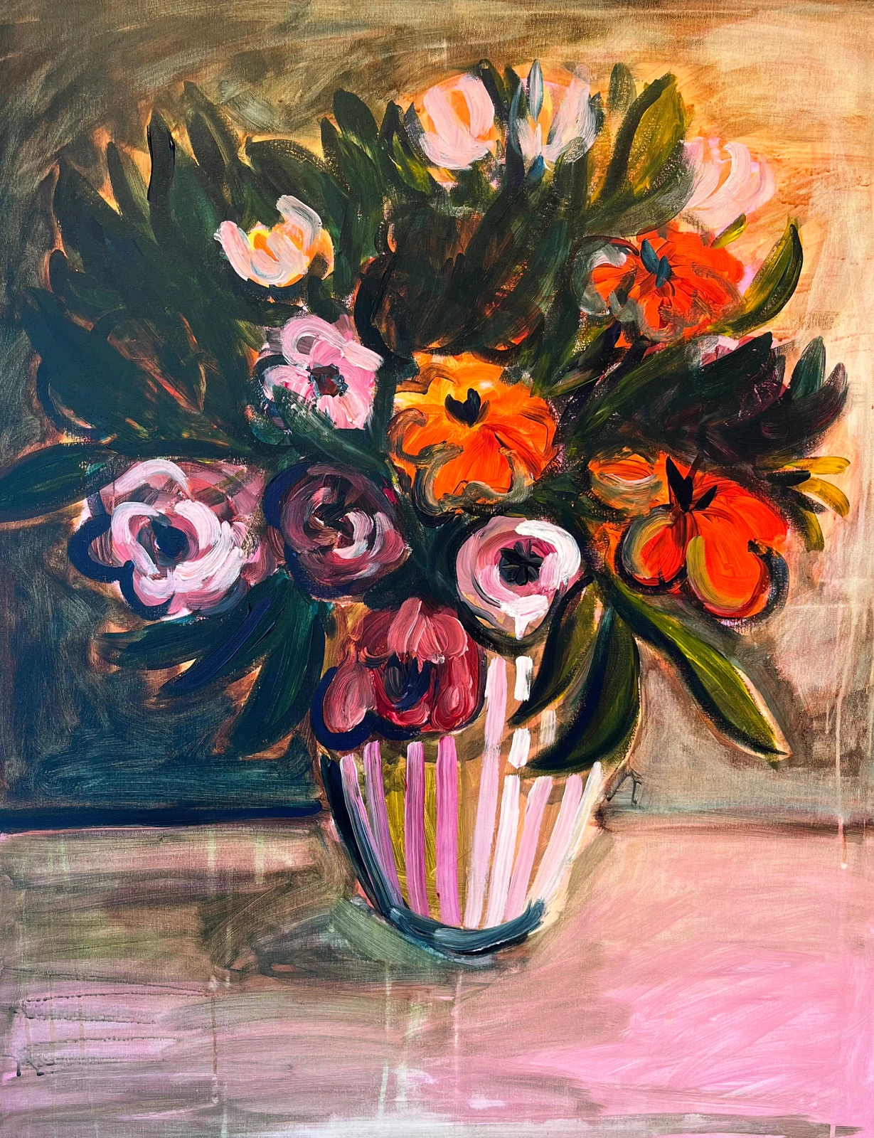 Akrylmålning Orange pink flowers av Elisa Pålsson