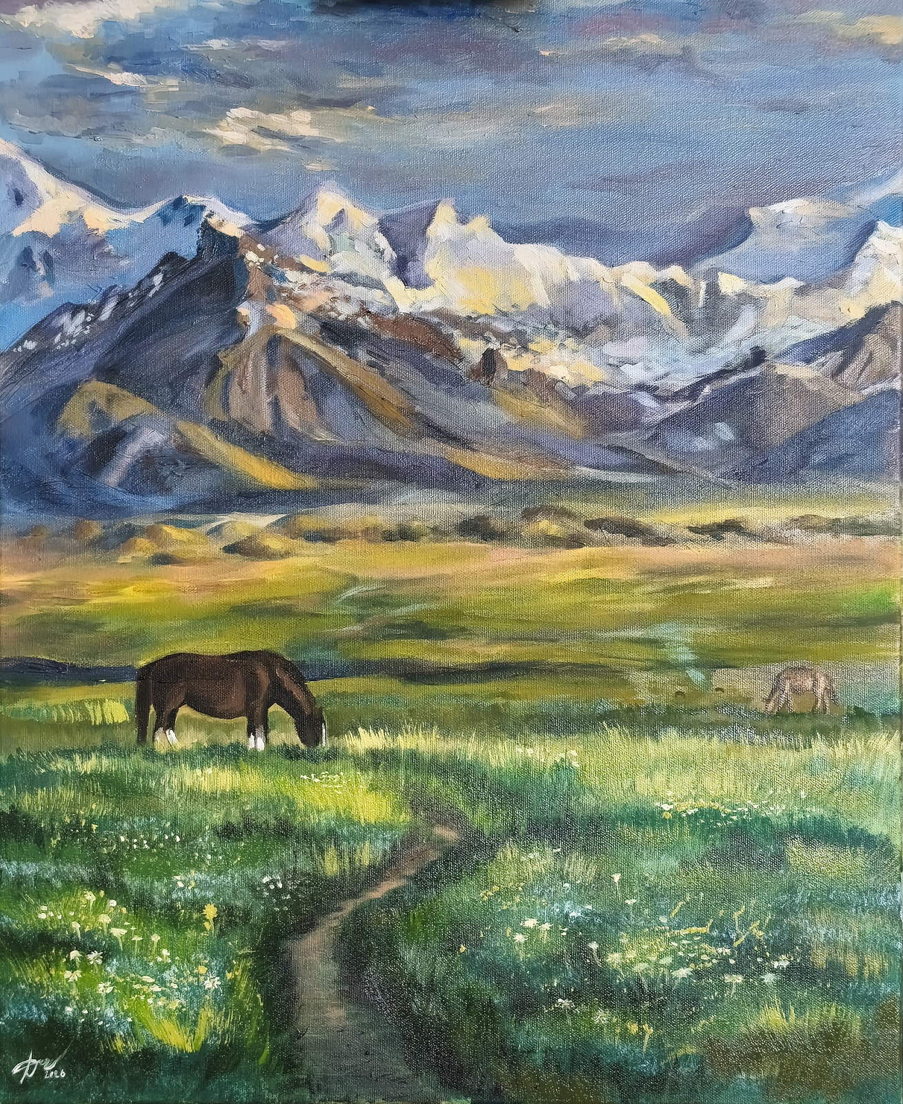 Oljemålning Golden hour in the mountains av Daria Axelsson