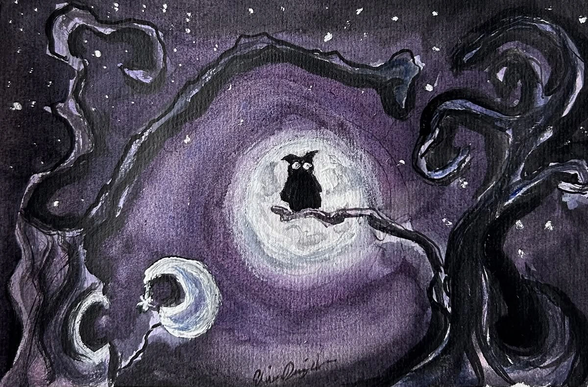Akvarell Purple night owl av Elvira Dingsten