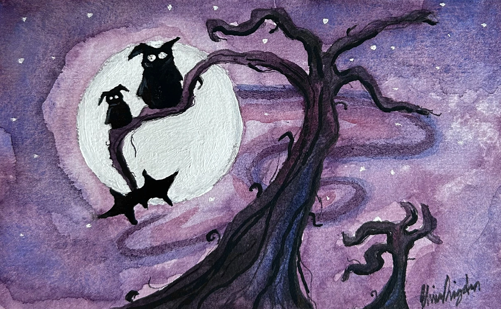 Akvarell Two owls, moon night av Elvira Dingsten