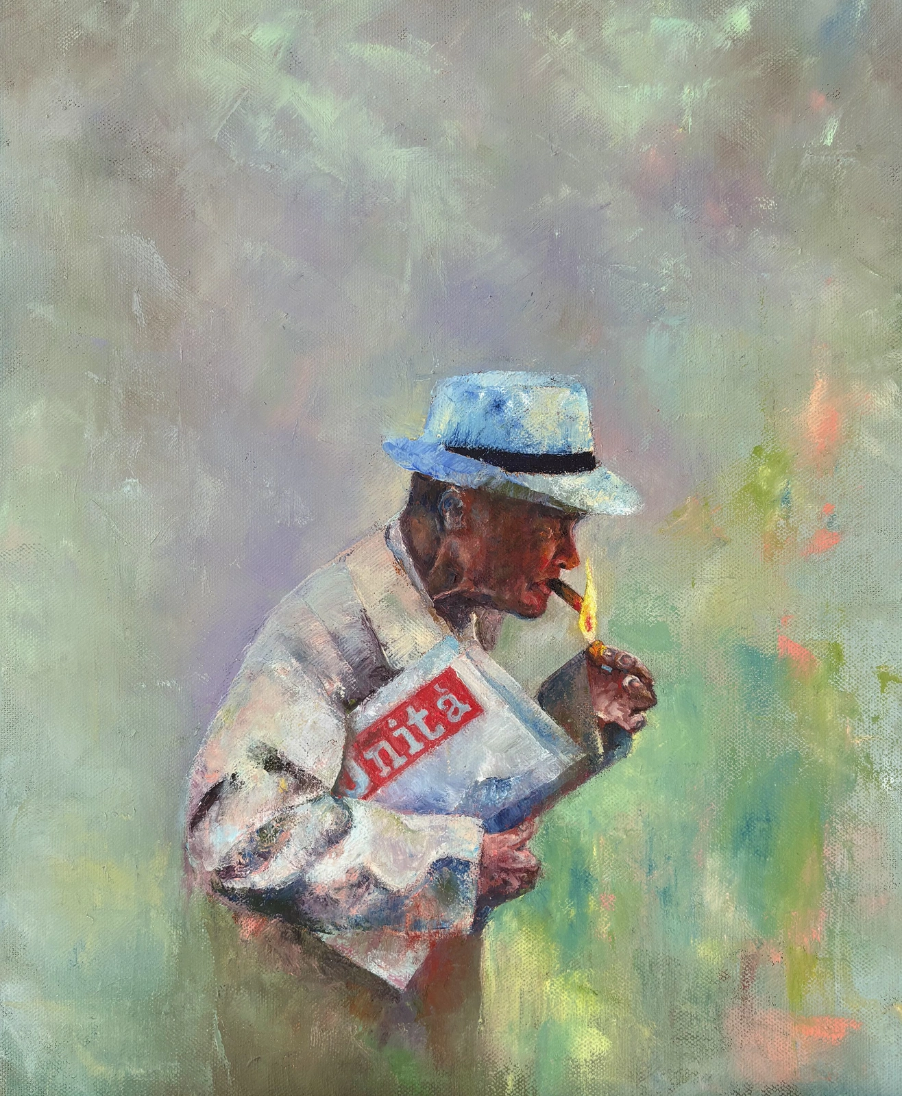Oljemålning Smoking man with a newspaper av Anastasiya Kostyuk