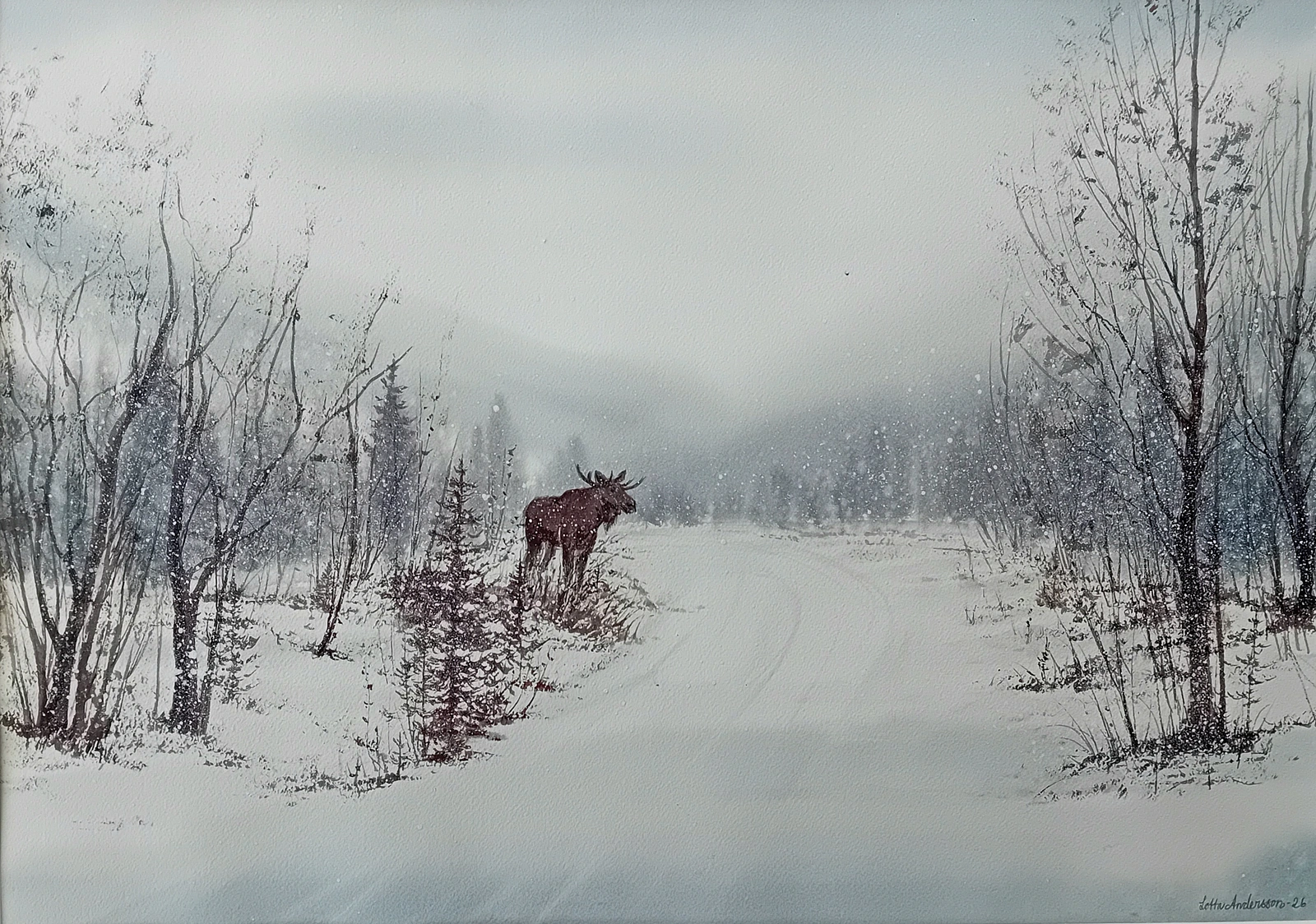 Akvarell Älg i vinterlandskap av Lotta Andersson