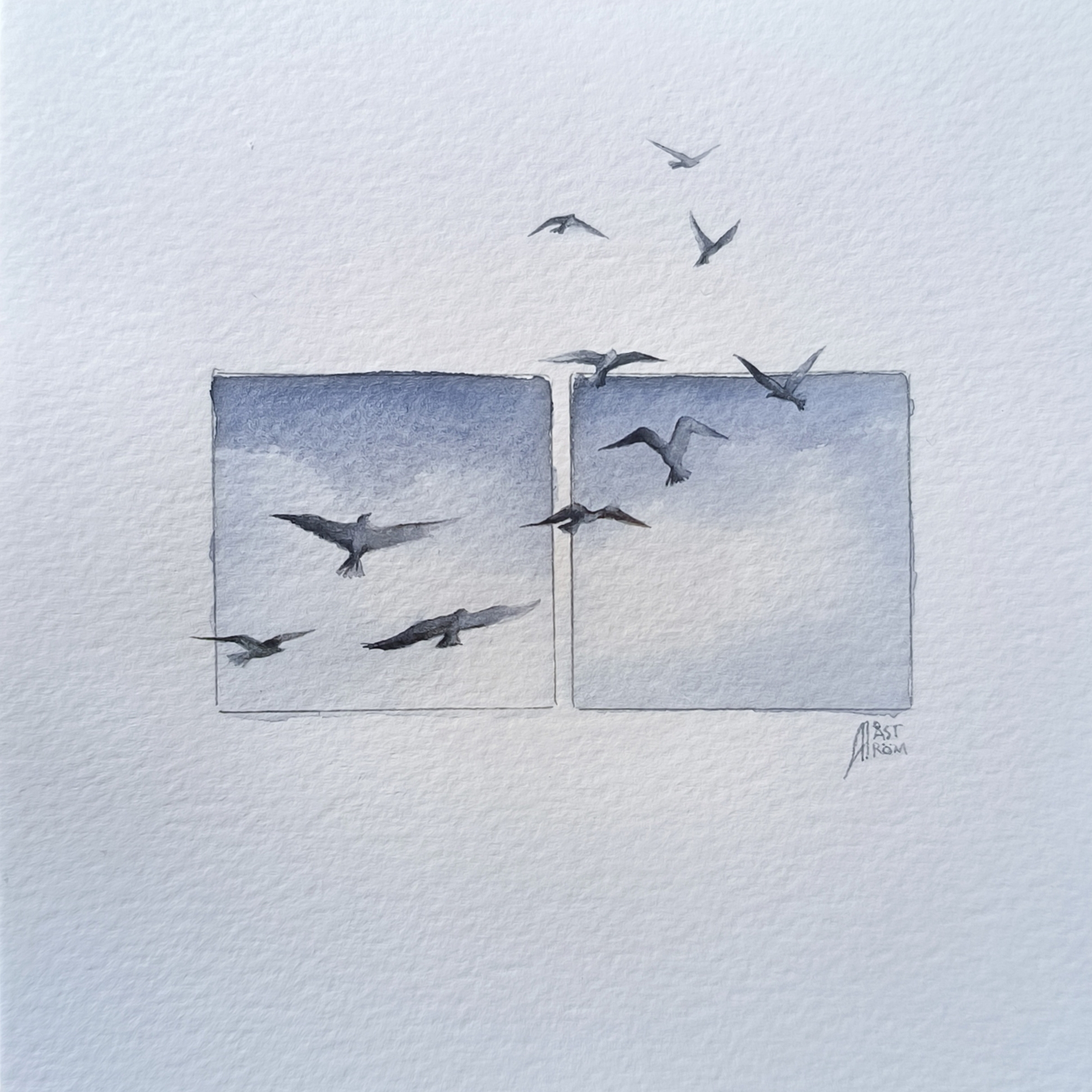 Akvarell Winding birds av Anna Åström