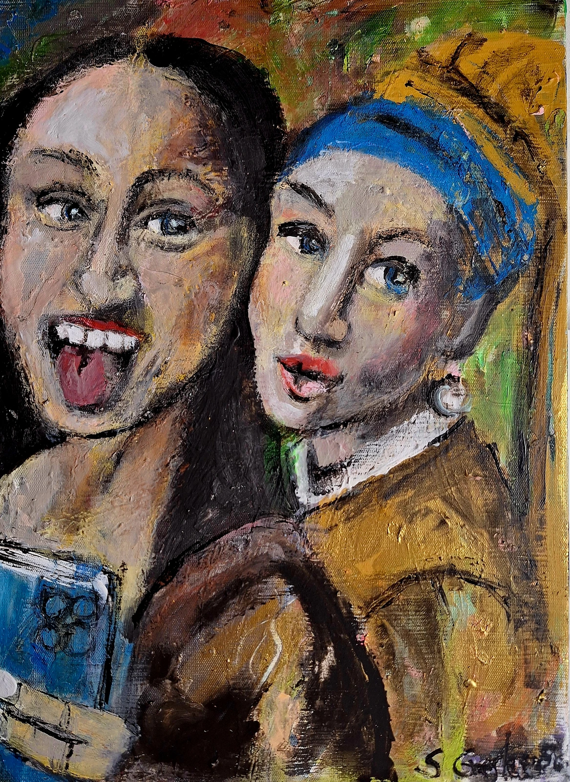 Akrylmålning Selfie med BFF av Susanne Gerlecz