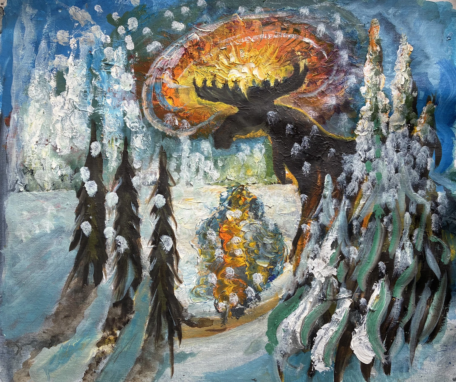 Oljemålning Älg i snöfall av Björn Ulander