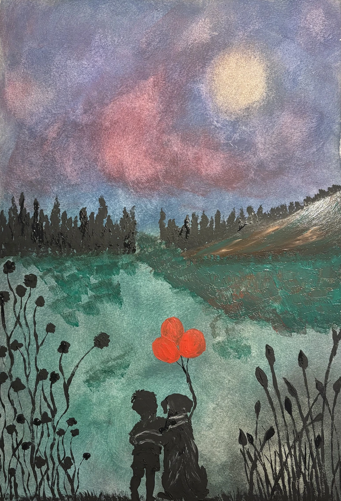 Akrylmålning Tre röda på ängen av Ann-Christin (Acmpainting) Martinsson