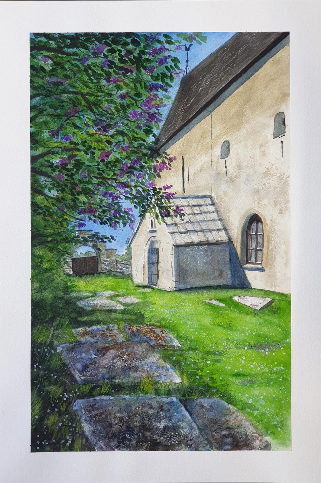 Akvarell Nr 29 - Gamla kyrkan i Källa av Angelika Ann Kammerer