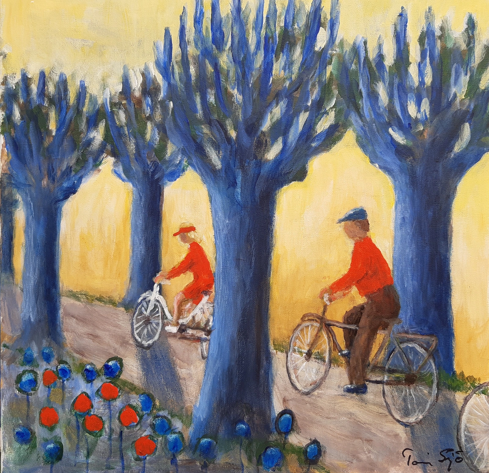 Akrylmålning Cykeltrio av Toni Sjö