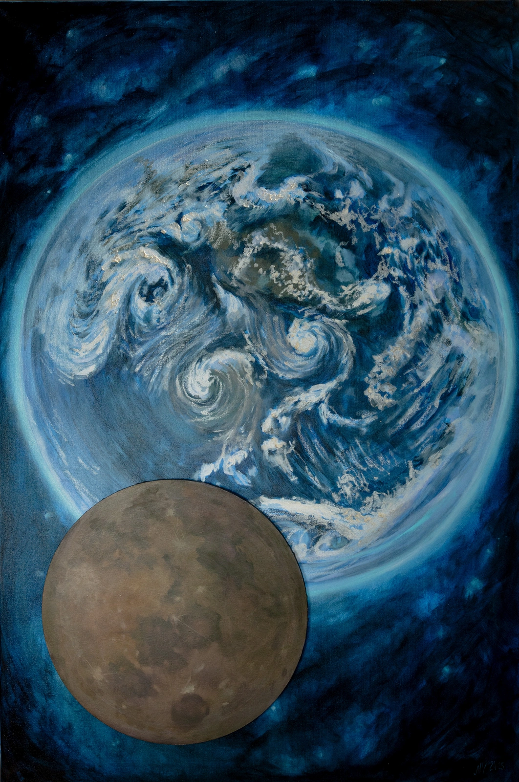 Oljemålning Moon, Earth’s satellite av Maria Wool