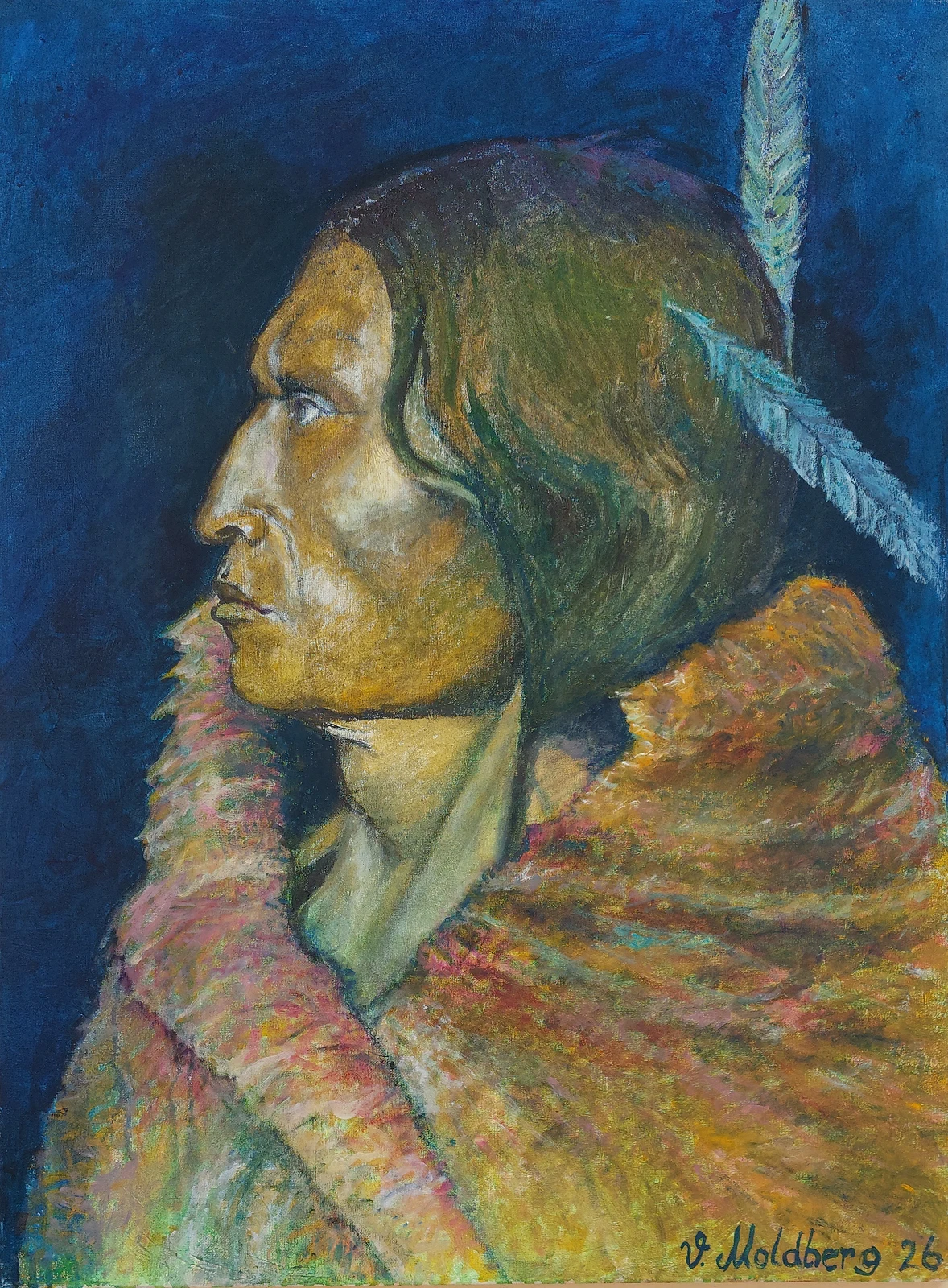 Oljemålning American native, Mosquito Hawk. av Vibeke Moldberg