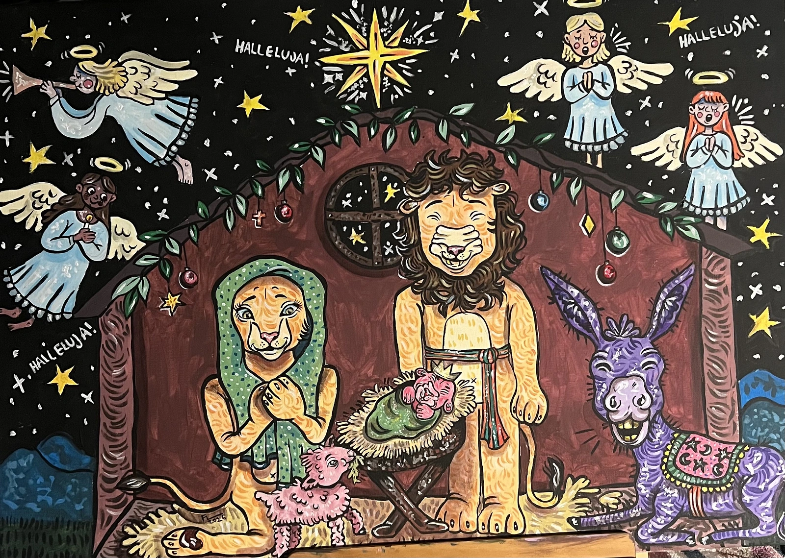 Akrylmålning Jesus födelse- jul krubba av Filippa Lönngren