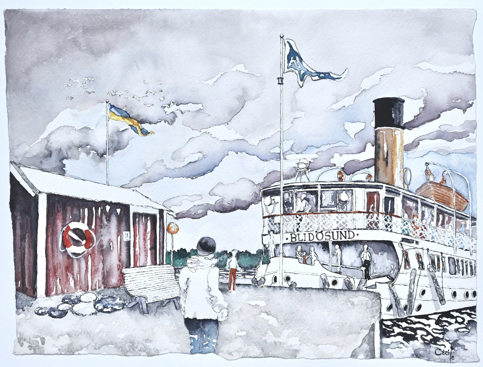 Akvarell Alsviks Brygga, Blidösund av Cécile Hansson