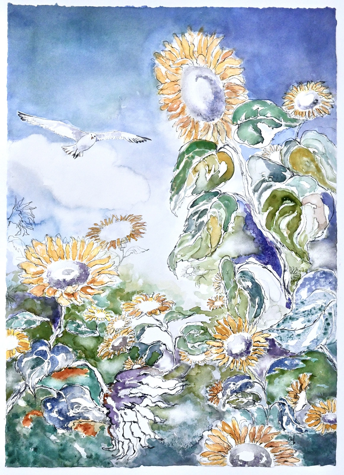 Akvarell Glada Solrosor av Cécile Hansson