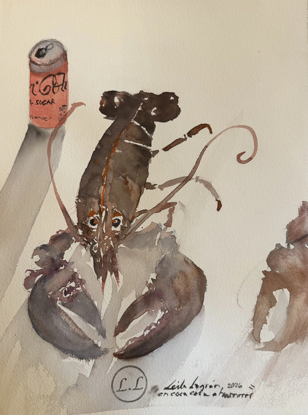 Akvarell Hummer och coca cola av Leila Lagrèn