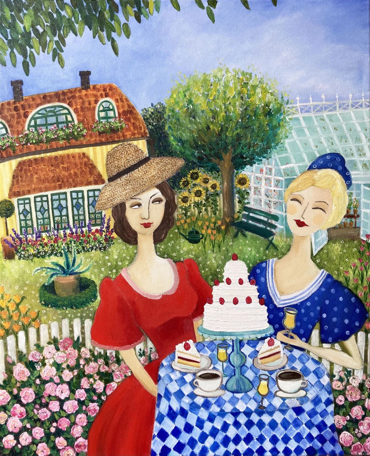 Oljemålning Tårta och Calvados i rosenträdgården av Weronika Hagerling