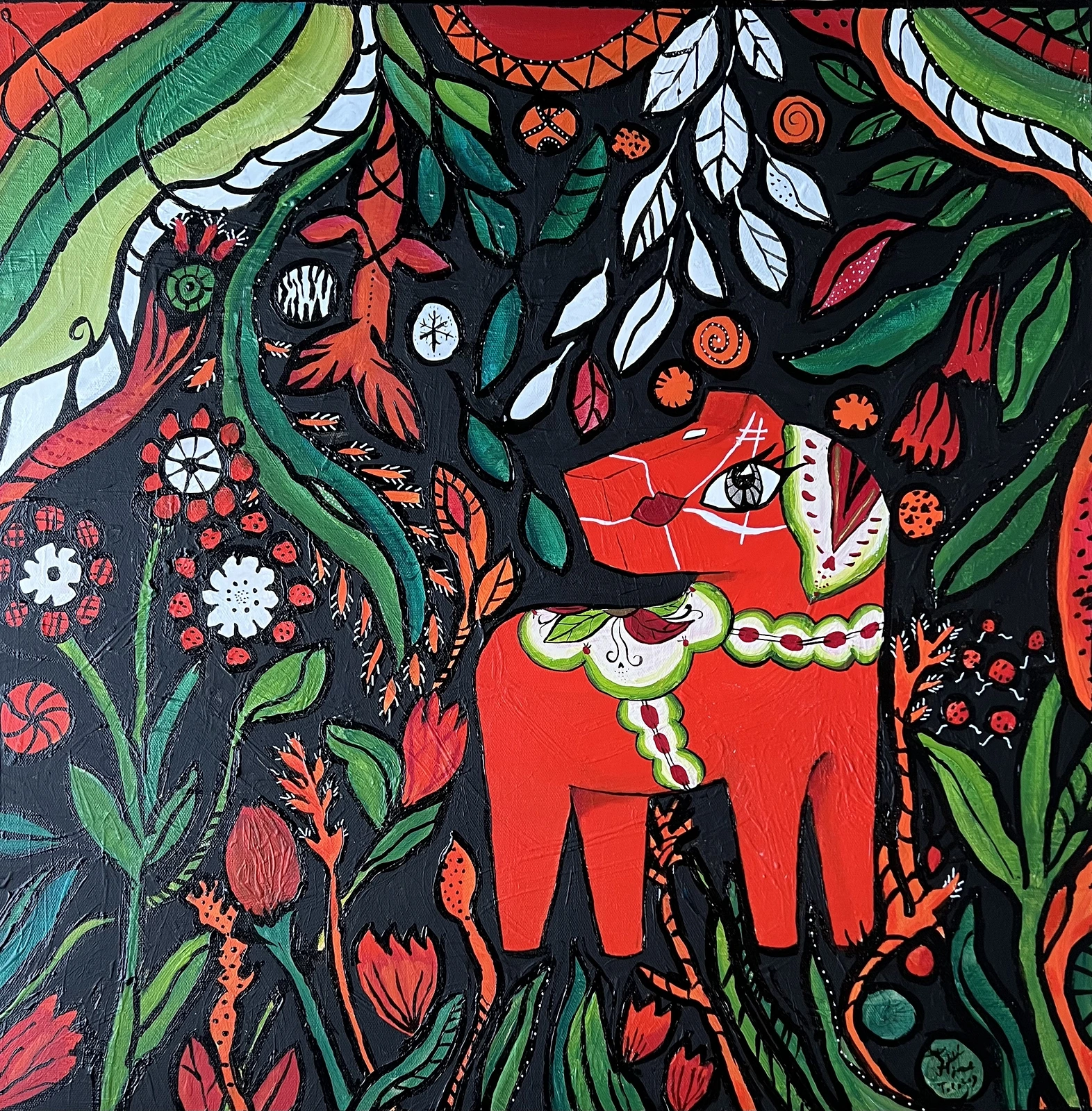 Akrylmålning Dalahäst i trädgården av Catarina Hjort Tolstoy