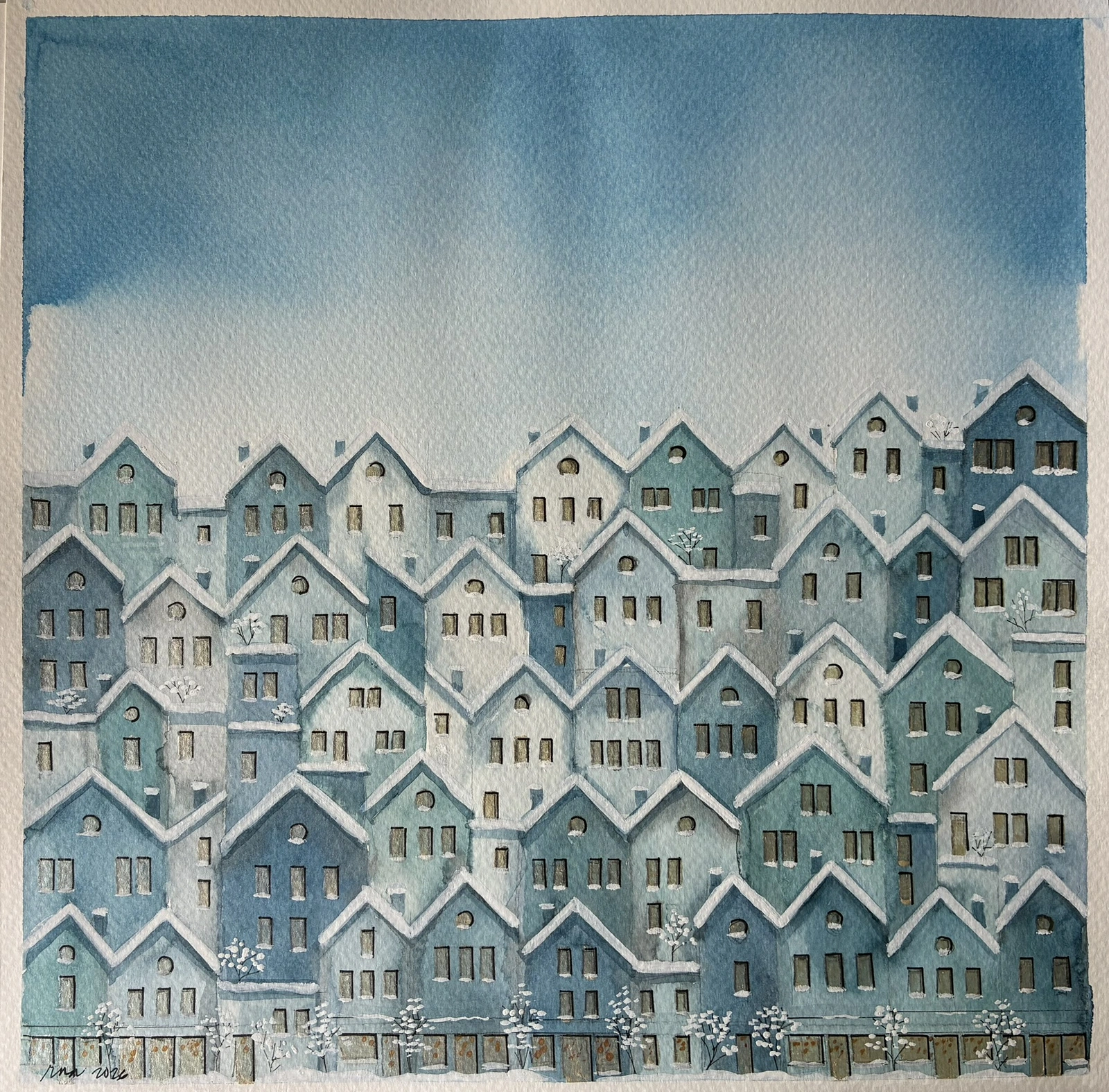 Akvarell 116 Blue homes av Rachelle Navarro Åstrand