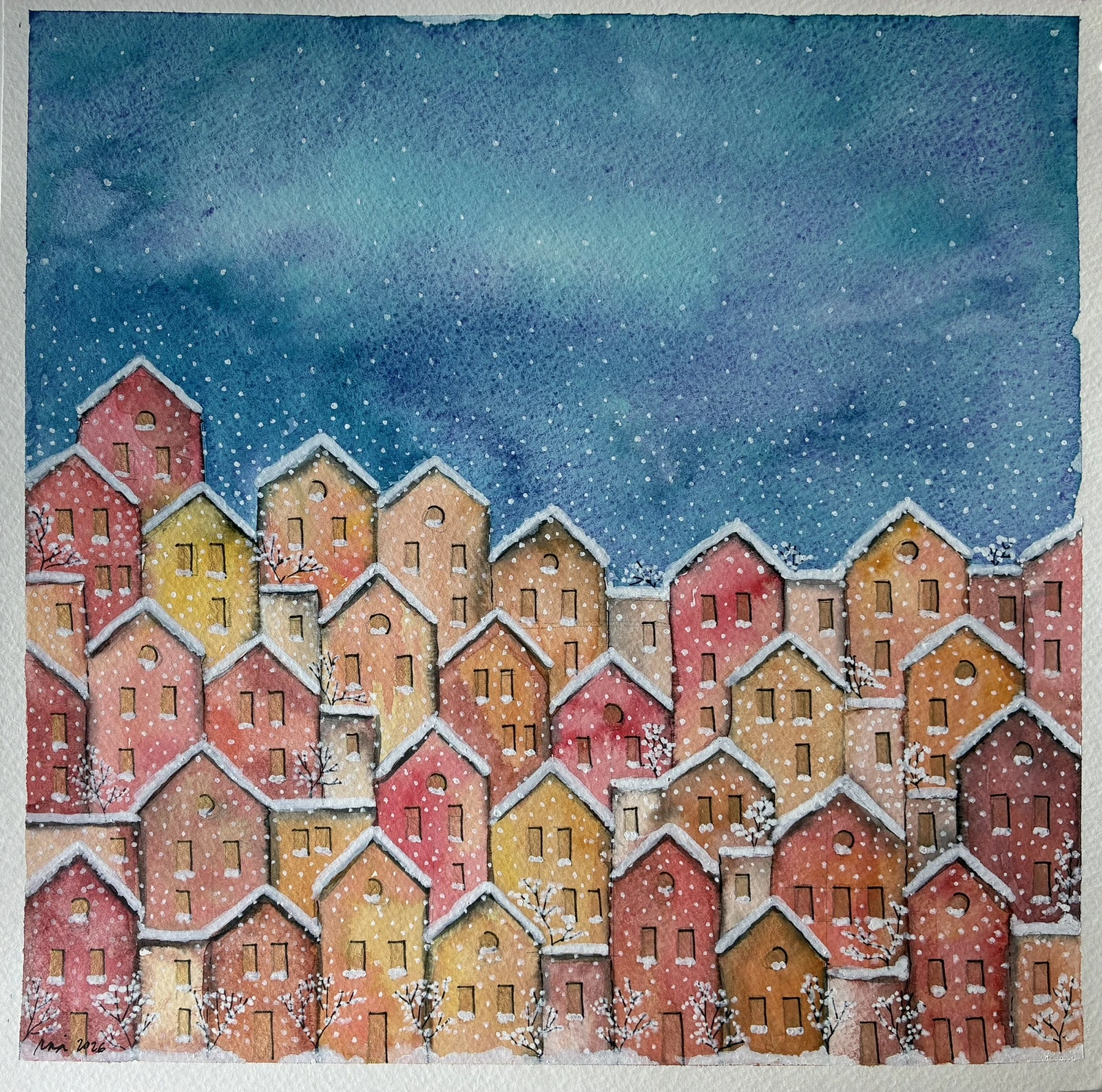 Akvarell 96 homes in winter av Rachelle Navarro Åstrand