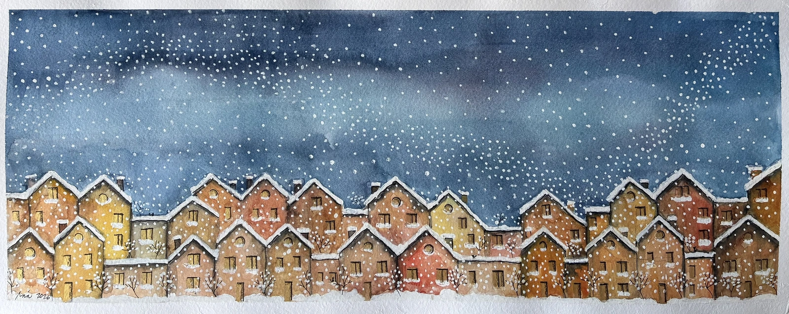 Akvarell 41 homes in winter av Rachelle Navarro Åstrand