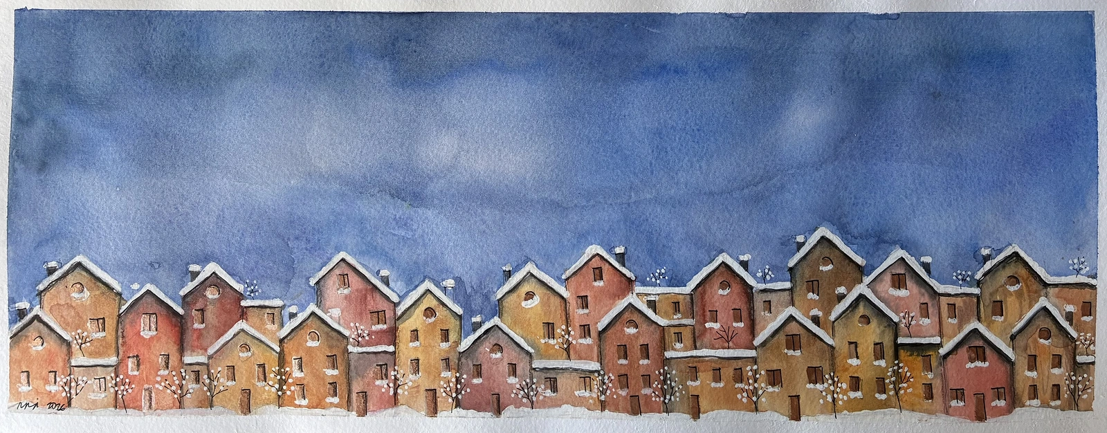 Akvarell 39 homes in winter av Rachelle Navarro Åstrand