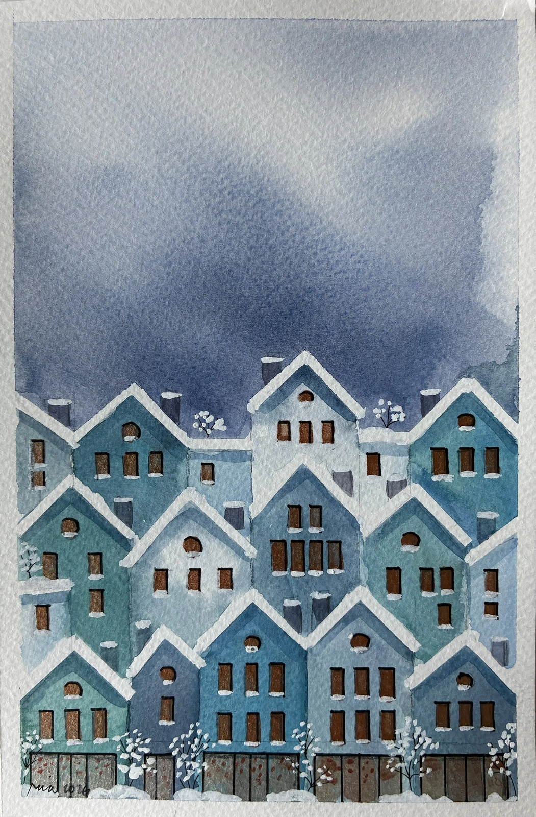 Akvarell 35 Blue homes av Rachelle Navarro Åstrand
