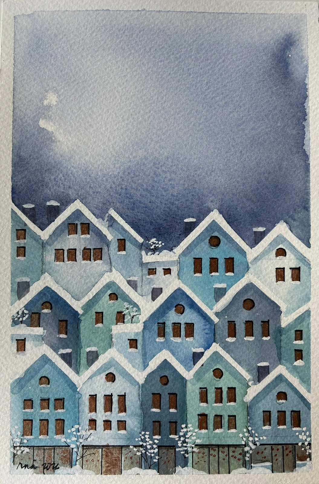 Akvarell 34 Blue homes av Rachelle Navarro Åstrand