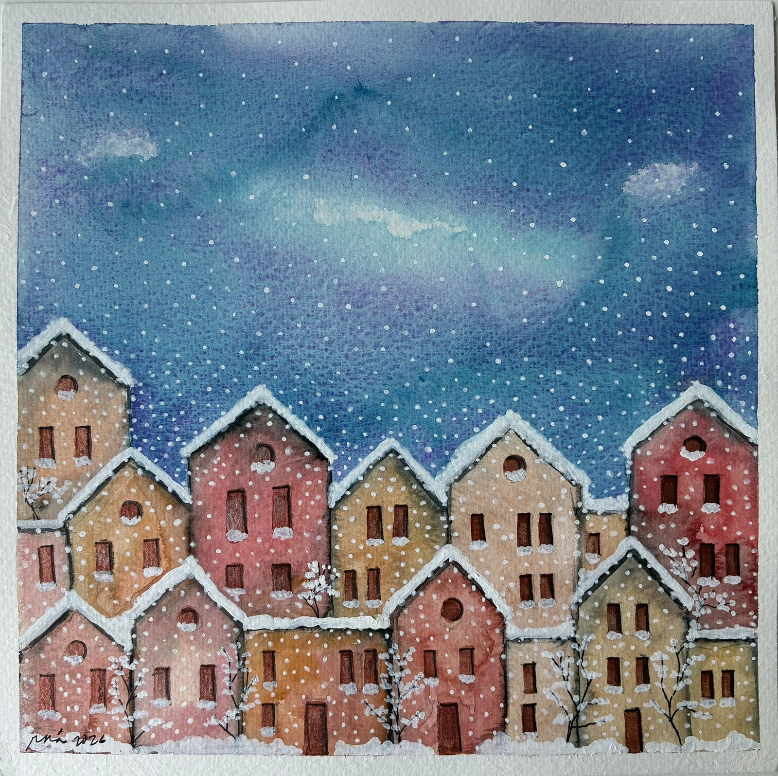Akvarell 22 homes in winter av Rachelle Navarro Åstrand