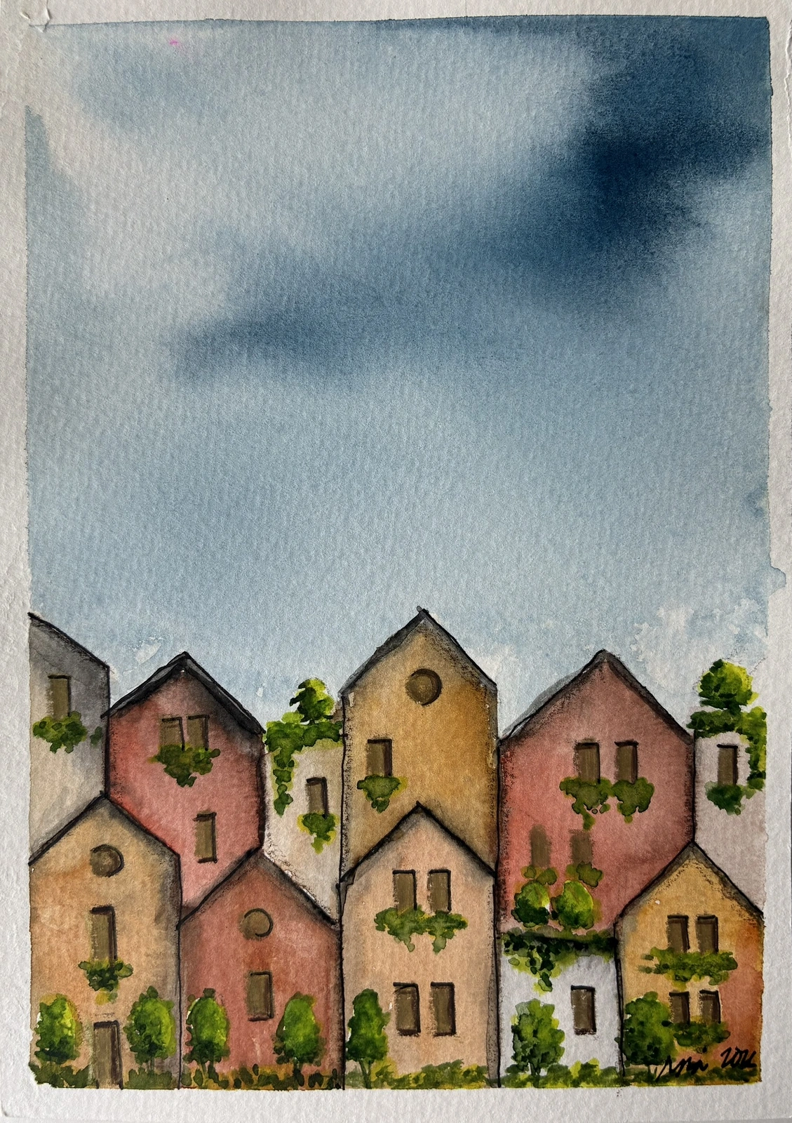 Akvarell 15 homes in summer av Rachelle Navarro Åstrand
