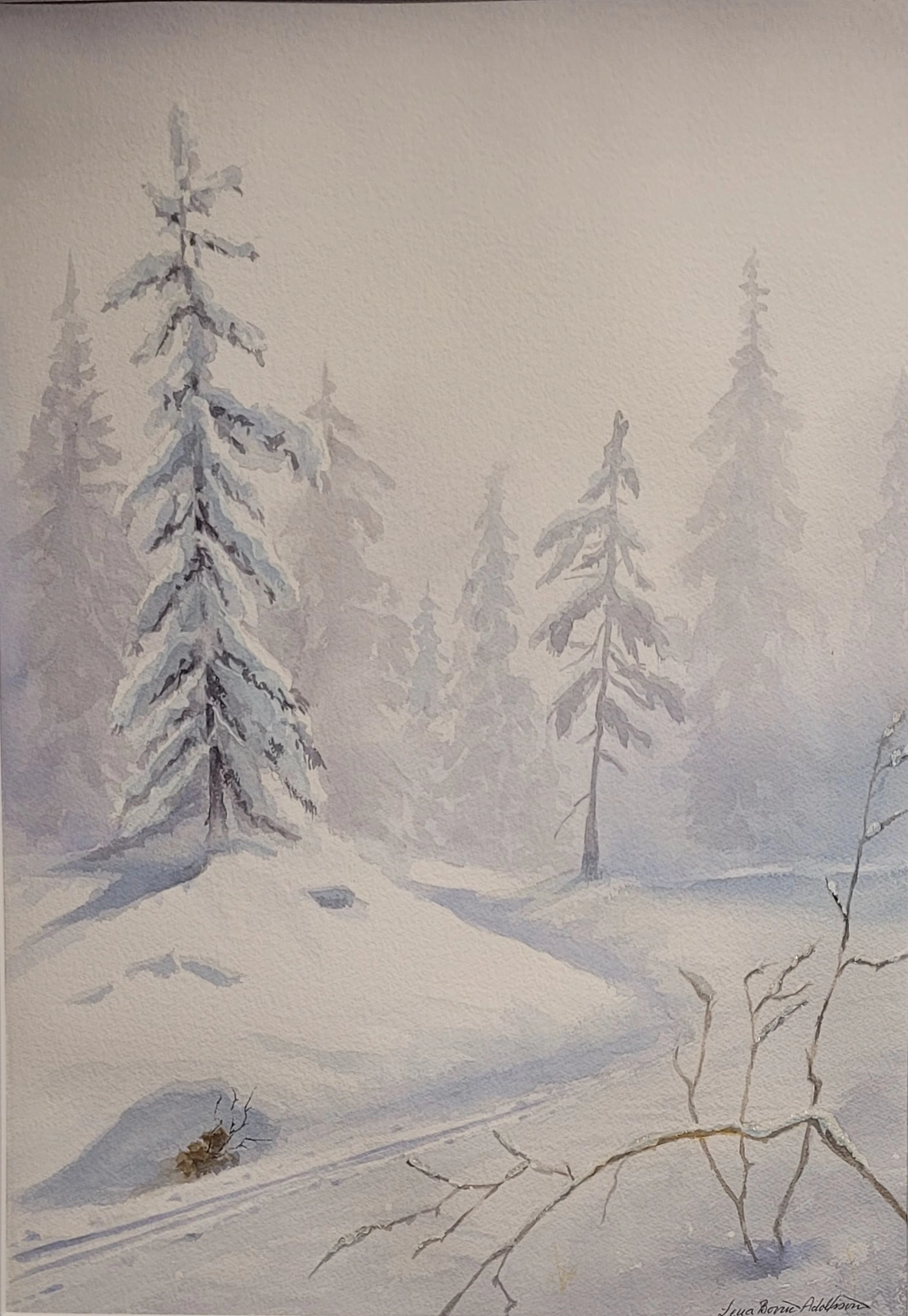 Akvarell Skidspåret av Lena Bovin Adolfsson