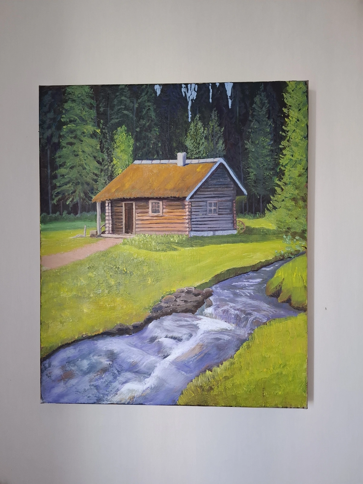 Oljemålning Ett hus i skogen av Marina Jansson