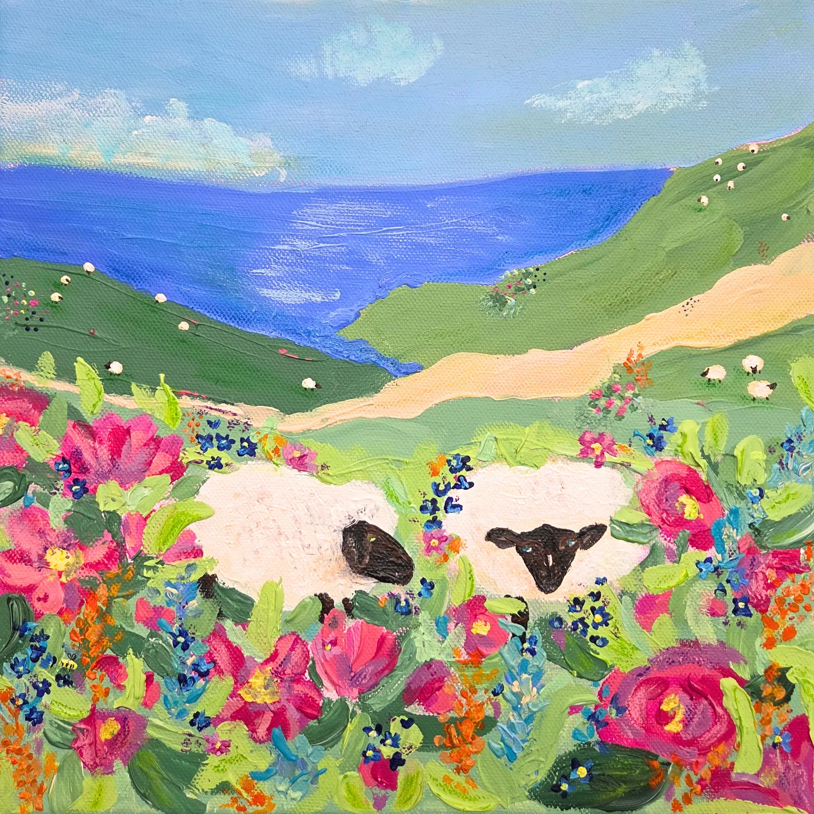 Akrylmålning Sheep in the Flowers av Ingrid Poole