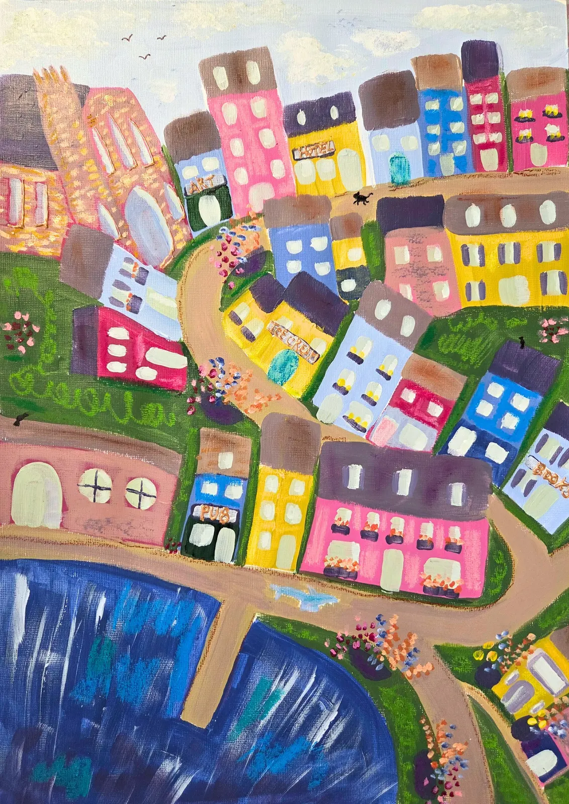 Akvarell Dingle village av Ingrid Poole