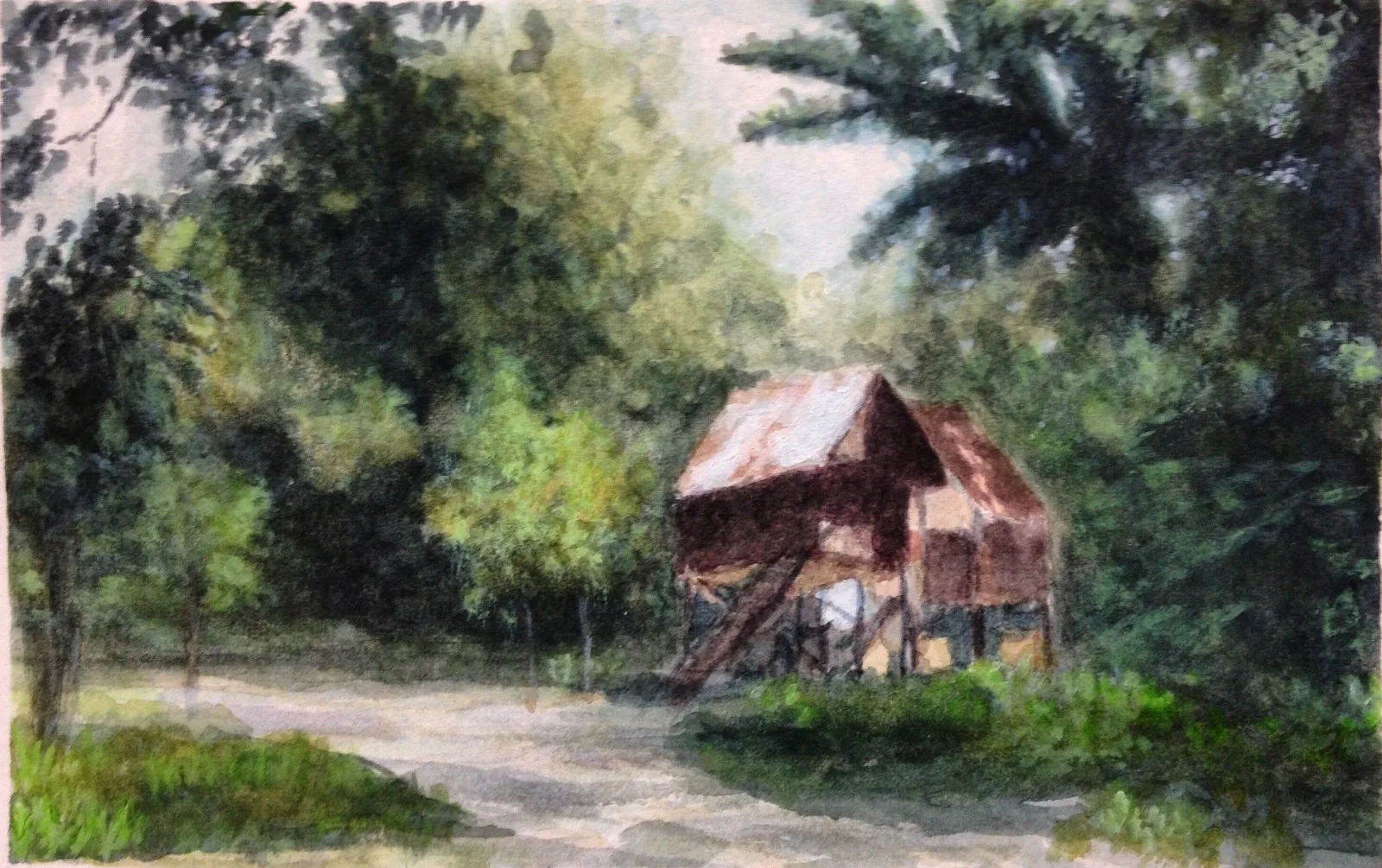 Akvarell Riverbank House av Love Misgeld