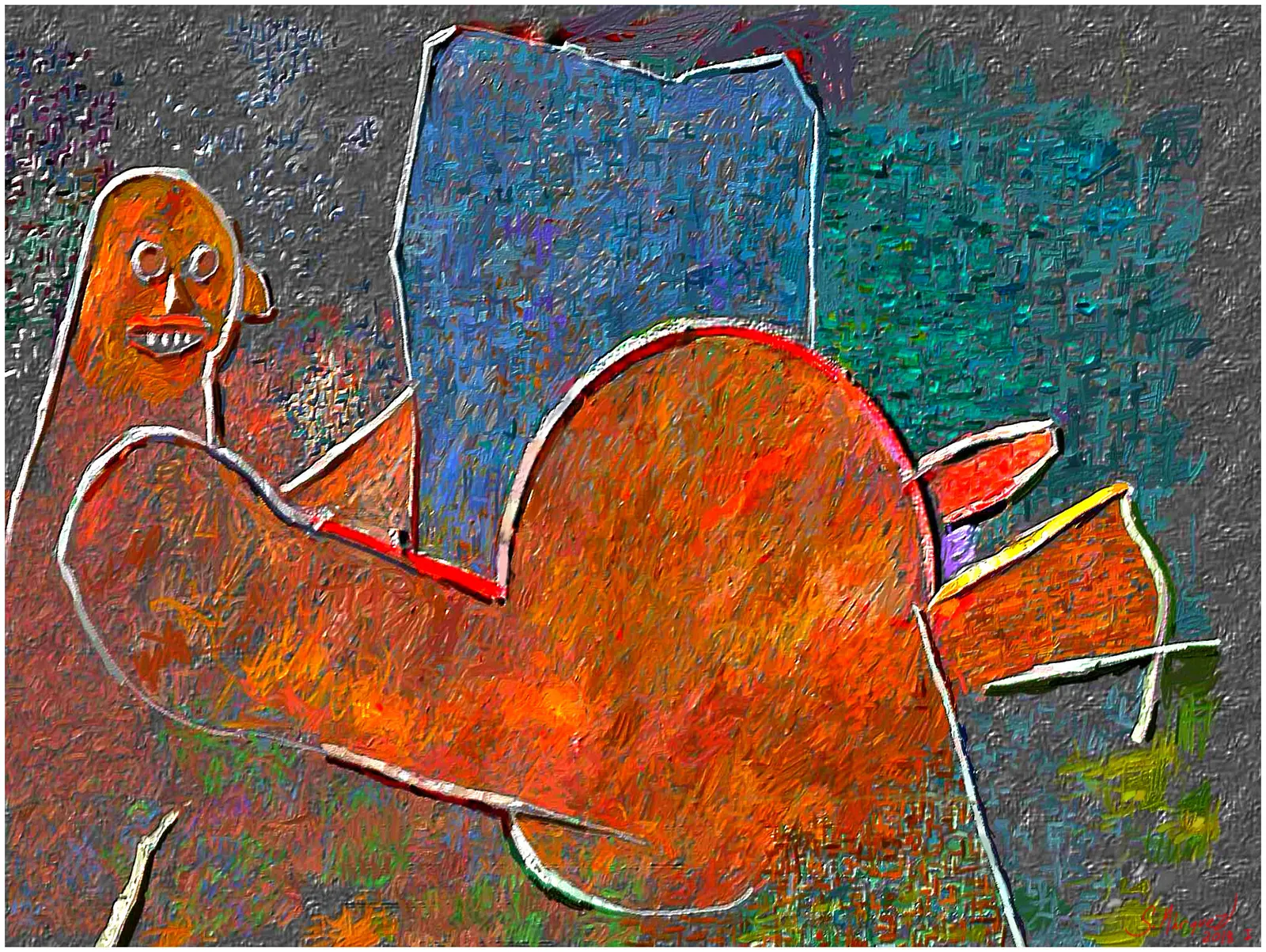 Gravid androgyn figur framför spegel  Digital målning av Sebastian Marquez