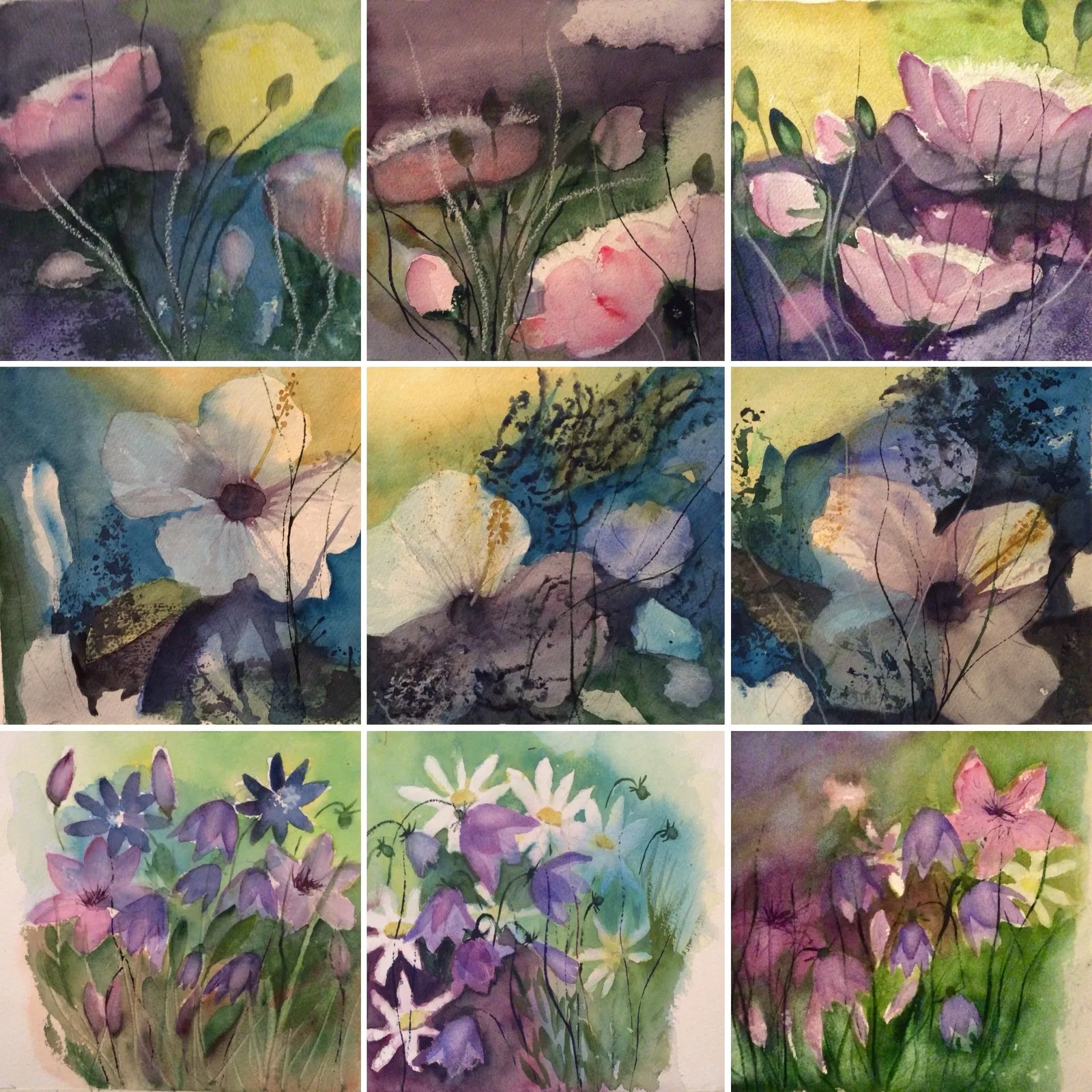 Akvarell Abstrakta blommor, seriemålningar av Margareta Mattsson