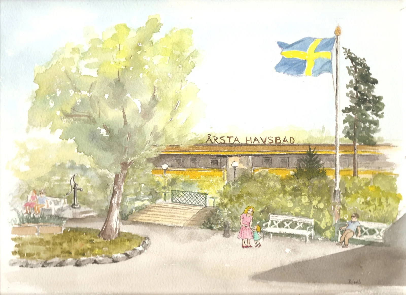 Akvarell Torget förr av Ragnhild Blomdahl