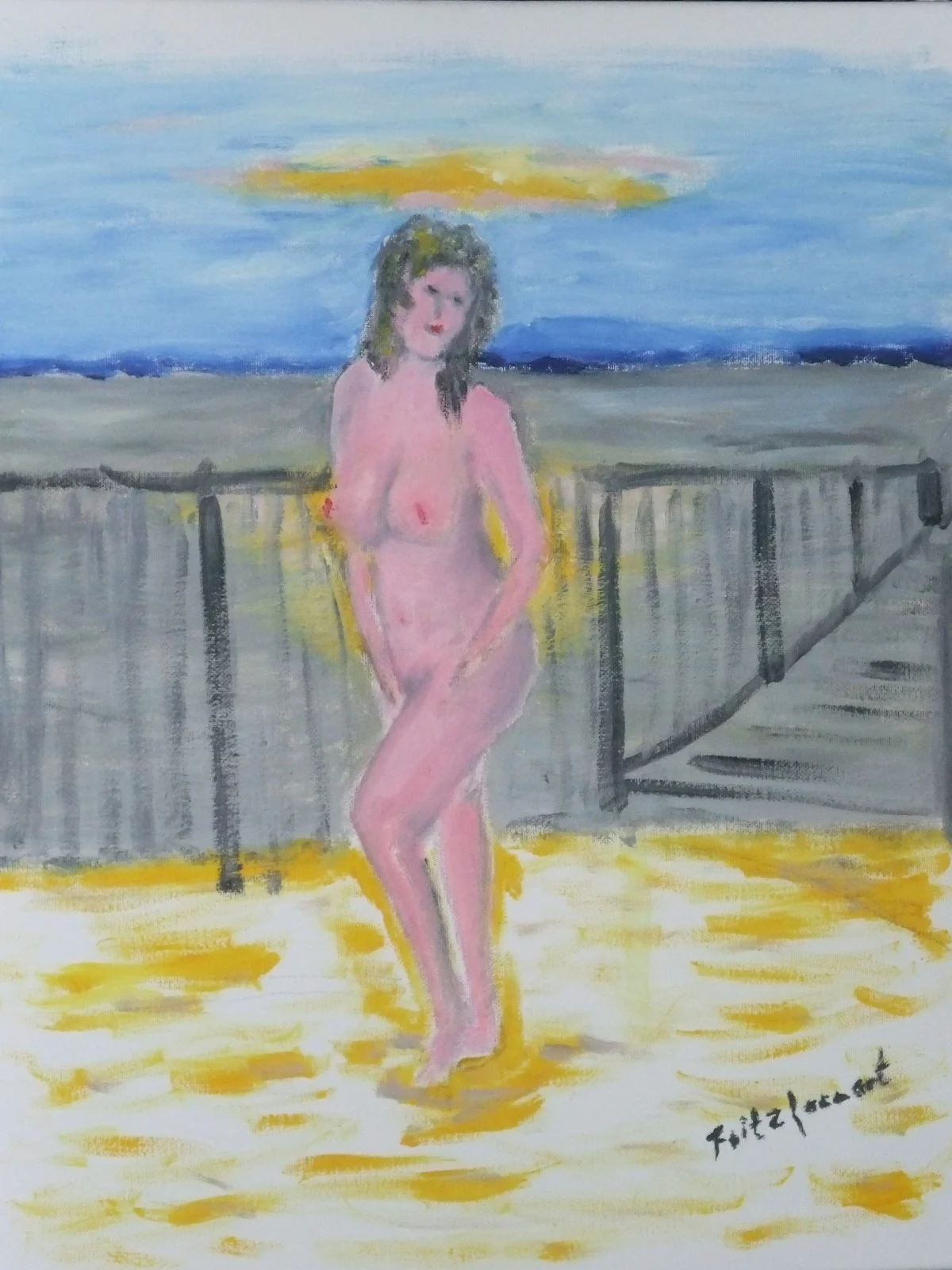 Oljemålning Naken på strand. av Fritz Lennart Andersson